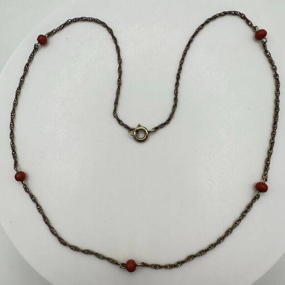 Vintage 12kt gold filled genuine red coral beads beaded station chain necklace - Picture 4 of 8